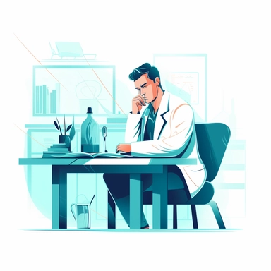 vector design, image of a the doctor sits at the table, writes, flat modern illustration, clipart, white background, soft gradient transition, nature study, in the style of warm color palette, natural pastel colors, blue-turquoise colors predominate, object portraiture specialist, uniformly staged images, animated illustrations
