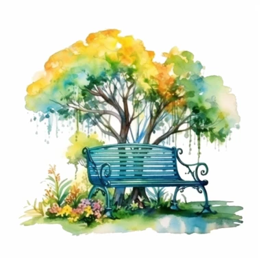 clipart, isolated on white background, Watercolor Spring beautiful ornated metal bench under the tree, flowers and grass and plants, ornated, vivid and vibrant and saturated colors