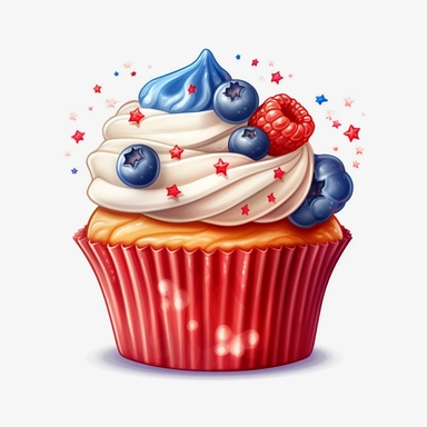 4th of July Patriotic Clip art of 4th of july patriotic cupcake, red, white & blue Full body realistic cartoon in 32K UHD cute, 8k with realistic watercolors and detailed illustrations. PNG clipart, Sublimation graphics, transparent white background for removing background - - no text shadow font watermark