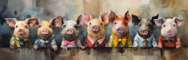 a line of cute miniature pigs, a collage of mixed media art made with tissue paper, magazine and newspaper clippings, oil paint, graphite pencil lines and fabric, in the style of playful surrealism, whimsical, washi tape