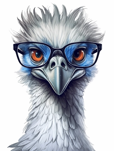 a portrait of a Emu wearing a white shirt and glasses, looking tired and done with life, vector illustration, clipart, outlines, portrait,