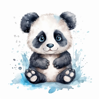 Cute fluffy panda clipart illustration on white background, cartoon art nouveau watercolor
