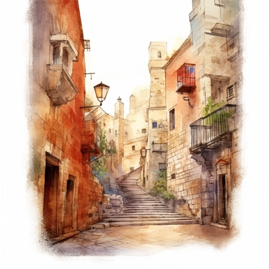 Old City Streets of Jerusalem. Watercolor, clipart