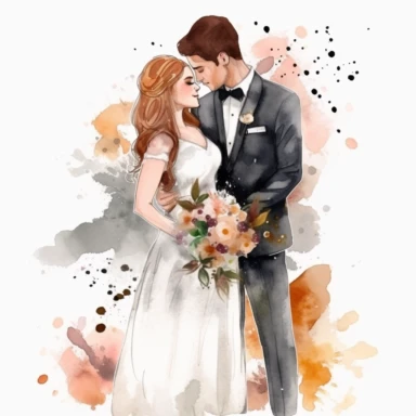 realistic just married couple watercolor clipart single design, 8k