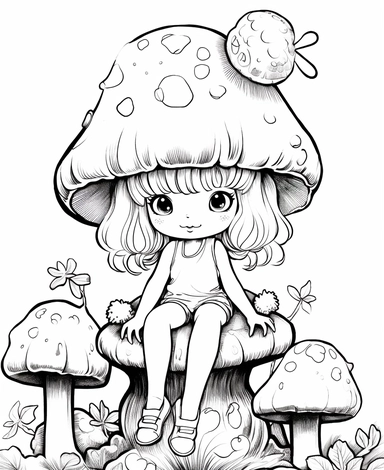 Mushroom Fairy sitting on a giant mushroom in an enchanted forest, Kawaii for a childrens book, cartoon style, thick lines, black and white, no shading, line drawing illustration, no kid faces, no duplicate faces, blurry, drawing, cartoon, illustration, painting, concept art, cgi, unreal, anime, black&white, b&w, picture frame, deformed, bad anatomy, disfigured, poorly drawn face, mutation, mutated, extra limb, poorly drawn hands, done by bad-artist, ugly, dazed, 3D render, 3D game, 3D game scen