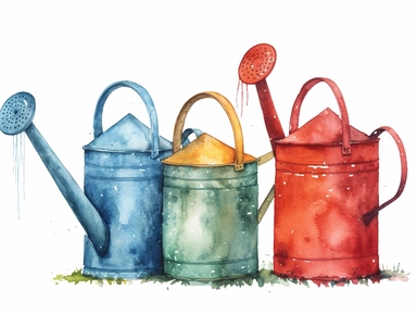 Watercolor clip art on white background, Watering Cans Clipart, high-resolution image with vibrant and true-to-life colors, isolated