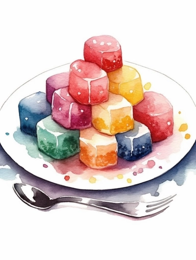 Watercolor clipart with white background, cute sugar cubes on a small plate , cute and adorable, flat design, clearly defined separated image, high quality