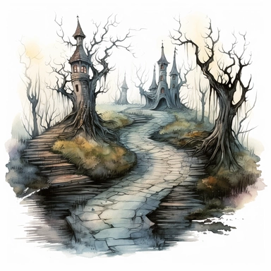 isolated illustration of a fantasy haunted path, eerie vibe, whimsical colors, watercolor illustration, high resolution clipart, isolated on white background