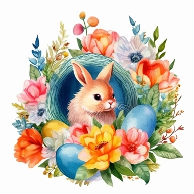 clipart, isolated on white background, Watercolor bunny and colorful in the nest eggs, easter style, detailed, flowers, ornated, vivid and vibrant and saturated colors