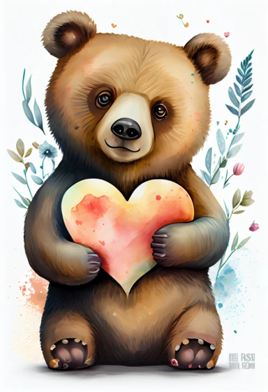bear holding heart, clipart white background