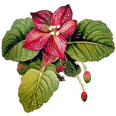Clipart, Polka Dot Begonia's, Plantae, Tracheophytes Raddi, is a tropical plant native to southeast Brazil. It has green oblong leaves in shaped of angel wing, in a vibrant olive green color, deep red purple undersides of leaves and polka dot finishes on top. It has silver spots on its surface and a crimson reddish underside