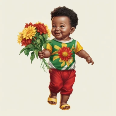 Happy baby juneteenth boy with red, green, yellow cloths and flower, full body, hand draw Illustration clipart, 4K, extremely detailed