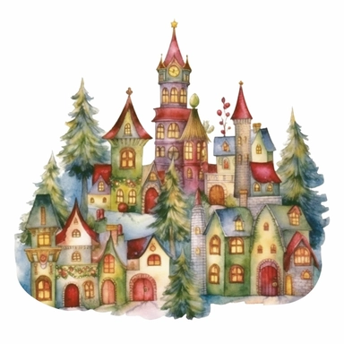 watercolor clipart of Christmas village, vintage red green gold colors, isolated on white background