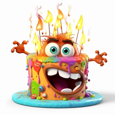 clipart of a messy two layer birthday cake, there is a funny face in the cake, candles, cartoon, for kids, funny, pixar, 8k, white background, sharp focus, detailed,