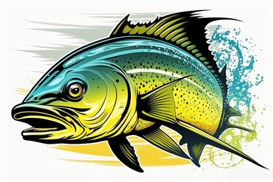 Dorado Trophy fish, Mahi Mahi with rounded head , dynamic sports graphic, Clean vector art, clipart, sticker, black on white background