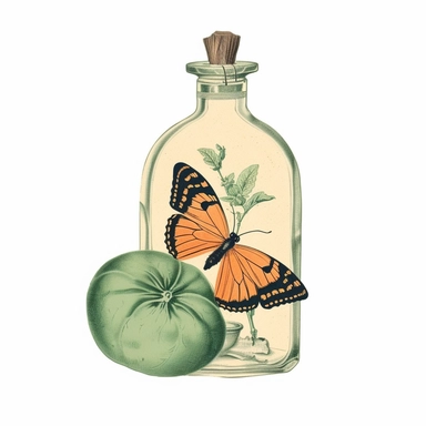 single piece form bottle with cantaloupe and butterfly label vintage clipart with white background