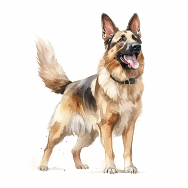 high detailed side view, Hand drawn watercolor clipart of German shepherd excited to greet owner, on a white background