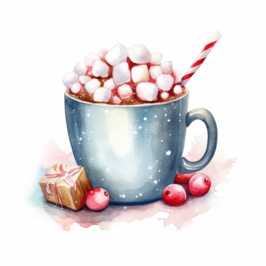 christmas themed coffee mug with foam and white marshmallows on the top, watercolor clipart, attention to detail