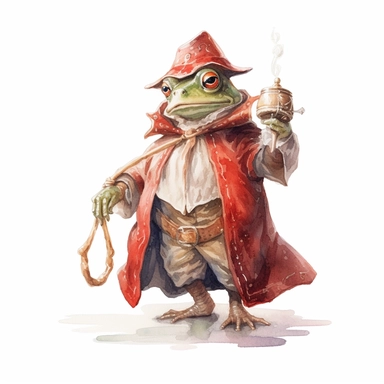 watercolor fairytale frog clipart, where intricate details and the depiction of a typical medieval plebeian's outfit bring this whimsical creature to life, creating a captivating portrayal that sparks the imagination, 8k, fantasy style, white background