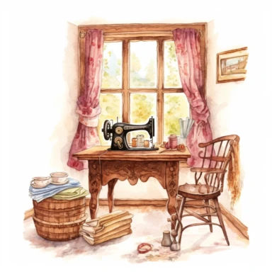 victorian style old fashioned sewing corner with watercolor effect,suitable for digital clipart,white background,sewing machine,sewing tools,vintage style arched window,vintage scene,vintage home style,soft colored