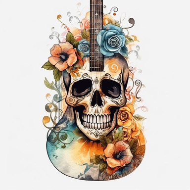guitar, creative, skull, watercolor, clipart