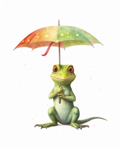 a realistic baby Umbrella Lizard. clipart with watercolor illustration, full body shot ,8k, style of Bohemian, style of Anna Süßbauer and Jon Klassen,vector, Vector, white background,Solid Background, Sharpness and clarity, masterpiece, trending on Artstation and Dribbble.