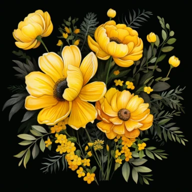 multiple yellow flower cliparts, watercolor, black background
