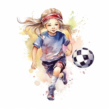cute Watercolor cartoon soccer player girl, clipart, white background