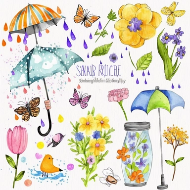 Please create a series of watercolor clipart illustrations featuring different items related to spring. Each illustration should be drawn in a charming and playful style that captures the beauty and vibrancy of the season. Items to include can be flowers, butterflies, birds, bees, rain boots, and umbrellas. Please use a coherent color palette that is bright and cheerful, but also soothing and calming. Colors that are associated with spring, such as greens, blues, pinks, and yellows, should be us