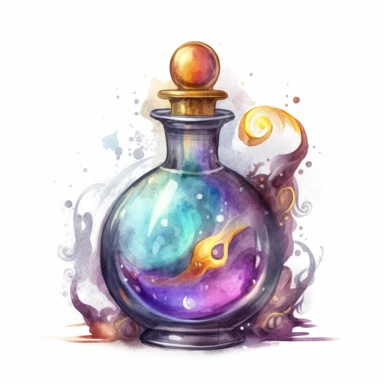 magical potion bottle, magical and mystical, video game style, clean and crisp, clipart, illustration, alchemical, smoke and embelishments, wizards potions, isolated on white background