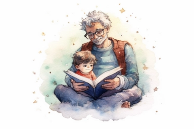 A colorful watercolour cuteA dad reading a bedtime story to his child top view, ink, Ghibli style, 8k, Leyka 35mm very detail clipart on white background space out 8k