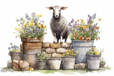 picturesque scene, watercolor and ink style, grey goat with clay plant pots filled with spring flowers, clipart on plain white background, nature vibes, super high detail ultra precision 16k HD, clean crisp brushwork, painted by Beatrix Potter