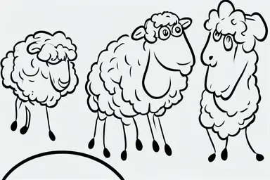 black and white coloring book page of cartoon sheep jumping over a fence, vector image, clipart style