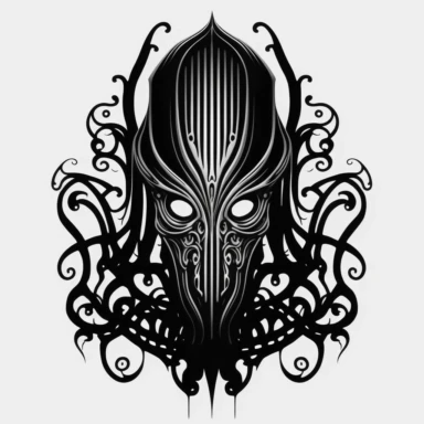 HR Giger Cthulhu : black and white line art, white background, flat, single image clipart style