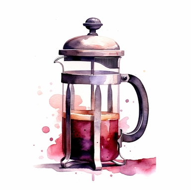 artistic watercolour clipart of french press coffee maker, hd, on white background