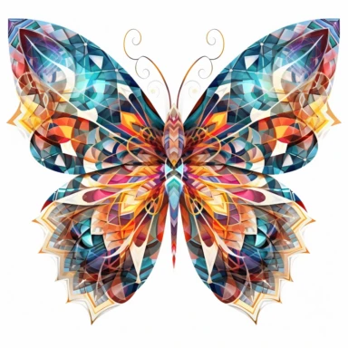 clipart of geometric butterfly, matrix code, intricate, vibrant chakra colors, sacred geometrical patterns, on white background