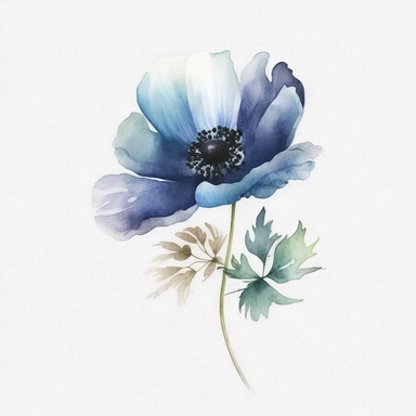 single Anemones flower, blue, white background, no backgroud, clipart, watercolor, blue leafs