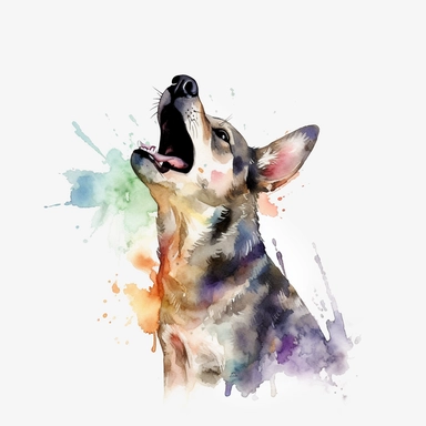 Watercolor dog barking clipart, white isolated background, space out, hd