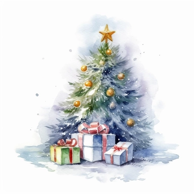 detailed watercolor clipart, photography style, beautiful decorative christmas tree, With presents, in a meadow, HDR, winter snow,self shadow, white background