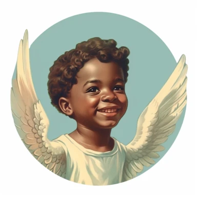 Vintage 1920 Portrait Shot View Of a Happy black child head with Angel Wings Behind it Illustration , in the style of late 19th century, Chromolithograph, 1920s Illustration, Vintage, Chromolithograph, Colorful, Antique, Ephemera, Clipart, 8k, Isolated on white
