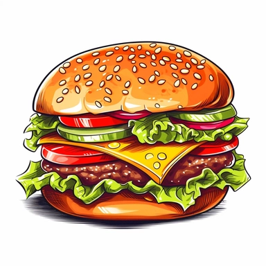 Picture a scrumptious hamburger clipart that has been hand-drawn with mouthwatering detail. This image showcases a freshly grilled patty nestled between fluffy, lightly toasted buns, with layers of crisp lettuce, juicy tomatoes, melting cheese, and a hint of tangy sauce peeking out. The warm colors are so vivid that you can almost smell the sizzling patty. Set against a clean, white background, this delectable hamburger clipart would be an appetizing addition to any project.