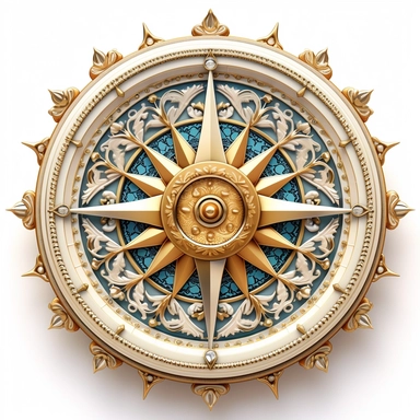 Design an extraordinary clipart of a fairy tale-inspired compass against a pristine white background. The compass should have a golden, filigree design, with a delicate crystal replacing the needle. Depict ancient symbols of guidance and destiny on the compass markings.