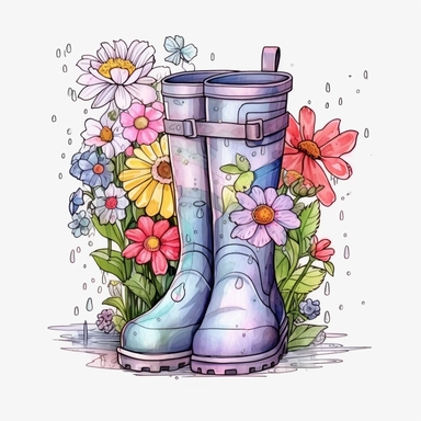 Garden Rain Boots Spring Sublimation style by Lucy Fleming, watercolor, smooth gradients, black contour outline, ultra detailed, clipart elements, delicate pastel colors, solid white background, super clear, high quality