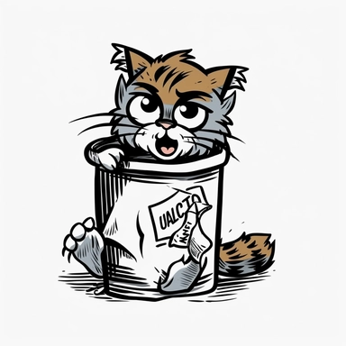 an old 80's style of a cartoon a cat eating fish bones behind a garbage can veiw 3d handraw clipart style easy draw simplist black and white vector simple doodle very with thick lines