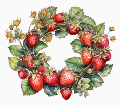 realistic burnished watercolored pencil strawberry wreath clipart, detailed, on white background, spaced out