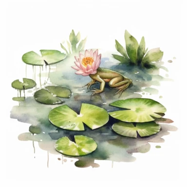 Watercolor Lily Pond Clipart - springtime cute lily pad and frog pond, clipart, white background