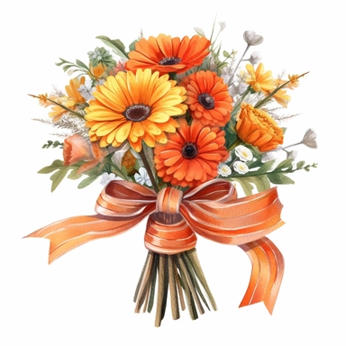 Generate a clip art bouquet with a mix of orange flowers, such as marigolds, daisies, and poppies, tied with a rustic twine bow, against a white background.