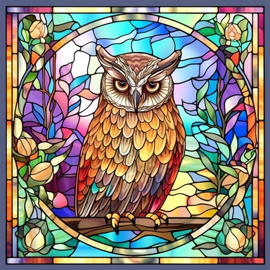 Rectangular stained glass window design, 90 degree square corners, no background, view from solarium in the atrium, owl in the rainforest, very detailed, clipart, clear crisp colors, photorealistic, oil paint, happy, beautiful, bright colors, cute, ultra-detailed, on a white background - - no cropping