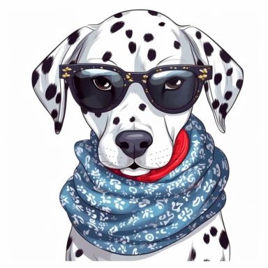 funny kawaii Dalmatian Puppy with Balenciaga sunglasses and cool bandana or necklaces, cute illustration, clipart, white backgound, Cuttable Design