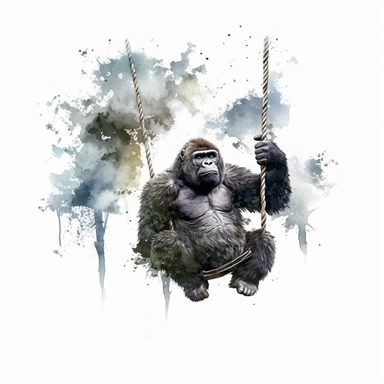 realistic watercolor gorilla swinging between trees in the forest on solid white background, clipart